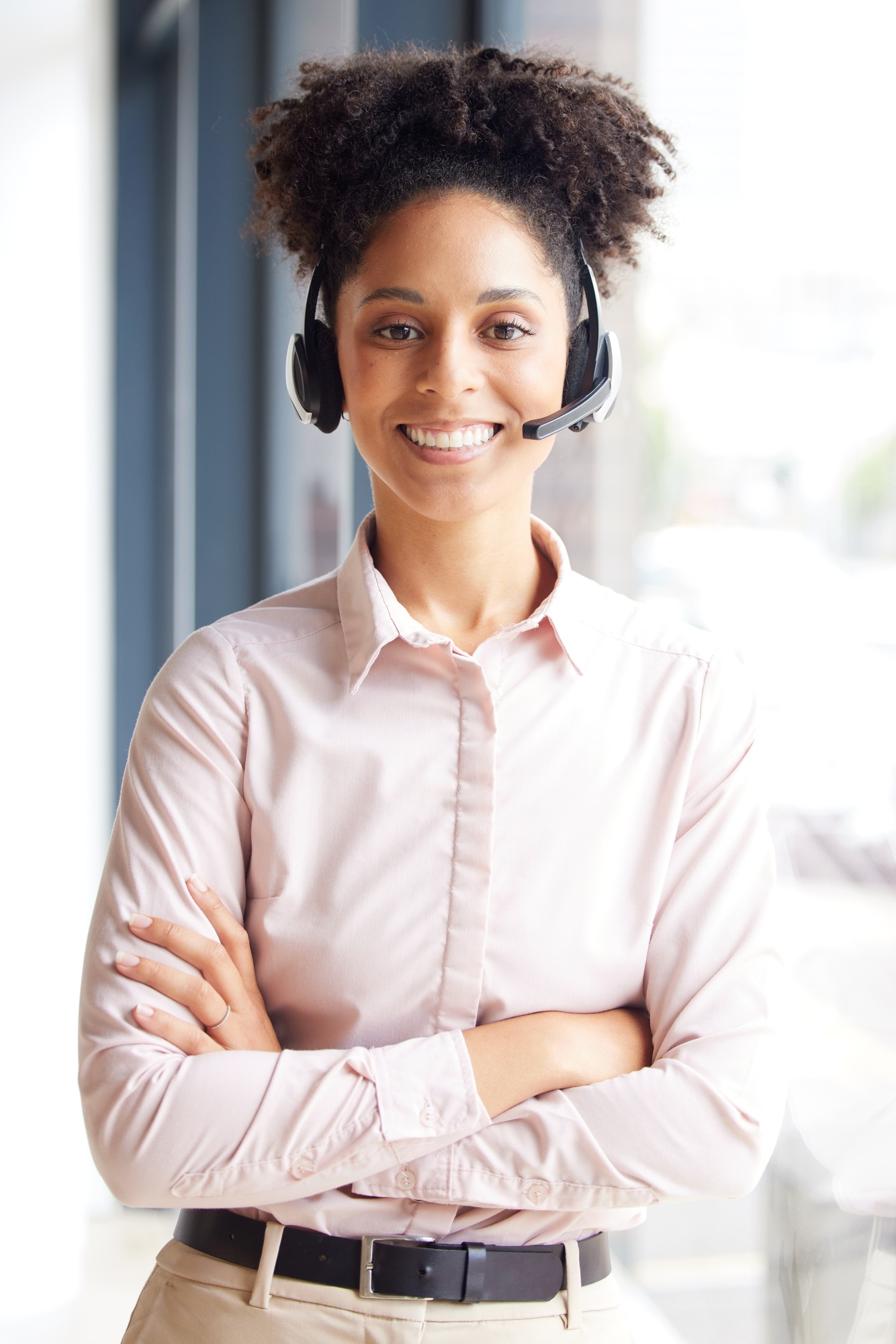 Call center, smile and portrait of black woman in customer service, telecom consultant and technica